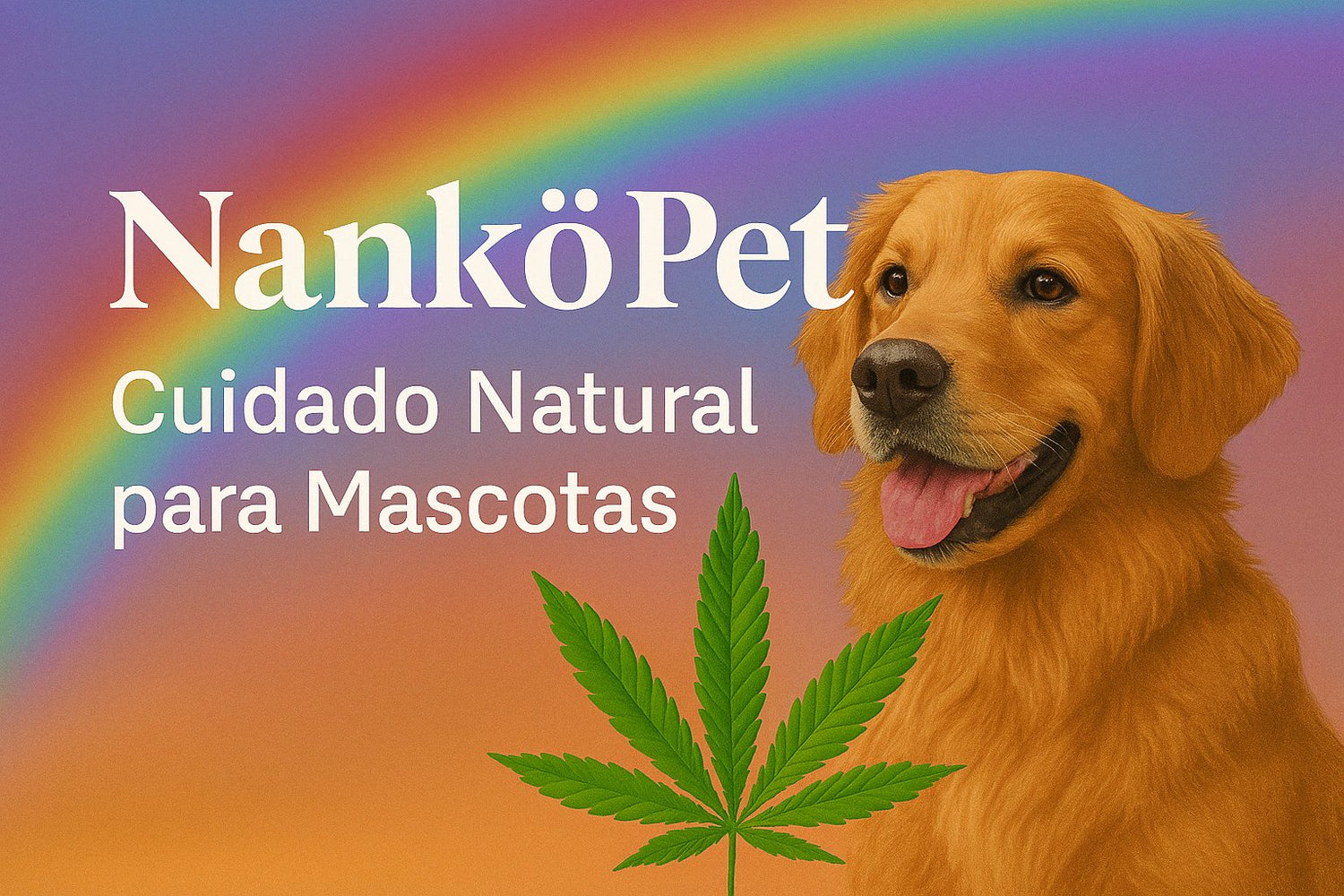 Banner promocional con perrito feliz para la colección “NanköPet | Cuidado Natural para Mascotas”, con fondo arcoíris y diseño mágico del Dispensario Cuántico.
