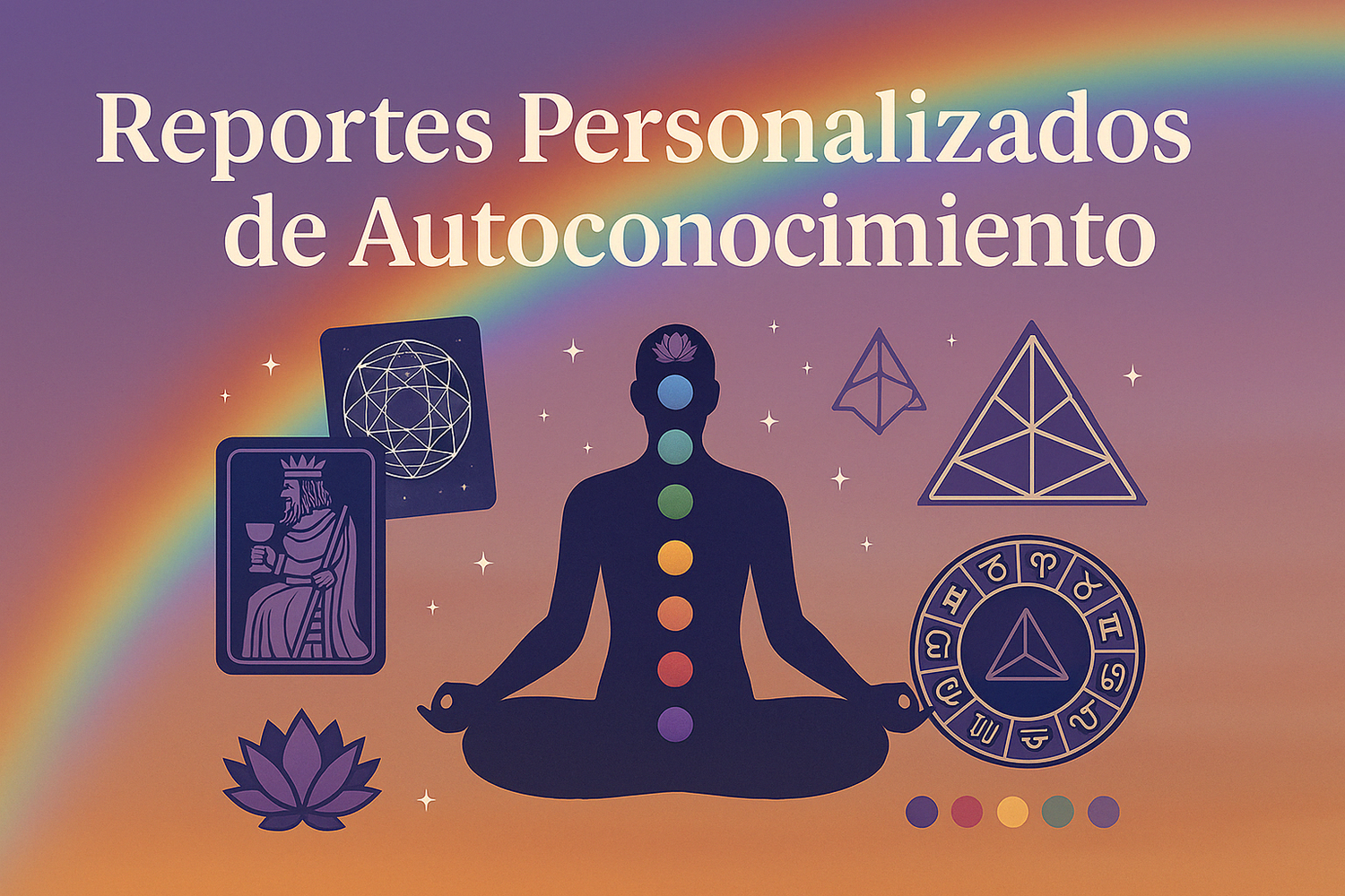 Ilustración digital cuántica con arcoíris vibrante que representa reportes personalizados de autoconocimiento como Diseño Humano, Carta Natal, Eneagrama, Numerología y Árbol de la Vida. Fondo cósmico con elementos místicos y energía expansiva.